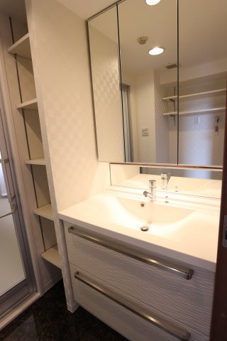 アルカディア八木の洗面所|鏡の裏に収納スペースありの洗面所　洗面台の下に引き出し