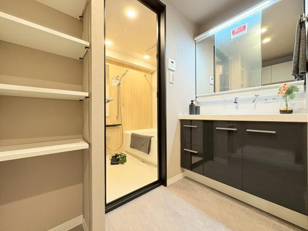 向ヶ丘遊園東ガーデンハウス弐番館の独立洗面台|明るい洗面室で三面鏡で収納ができます！