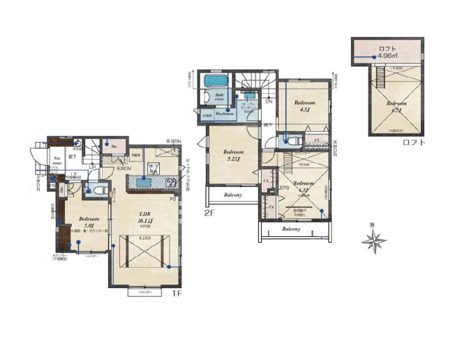 【間取り】 | 西東京市泉町3丁目　新築一戸建住宅　全16棟　(保谷店) | 14号棟/ロフト付4LDKゆとりの住まい。洗面室、浴室、バルコニーが2階にまとまり洗濯動線良好です！※図面を基に作成しています。現況と異なる場合は現況を優先いたします。