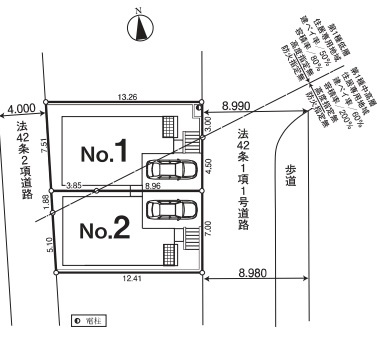 新築一戸建て 所沢市中新井５丁目　全２棟の区画図|カースペース１台分(車種によります)