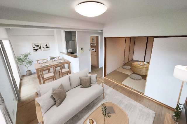 チサンマンション松原の居間・リビング|LDK：バーチャルステージング（実際には家具はついていません）