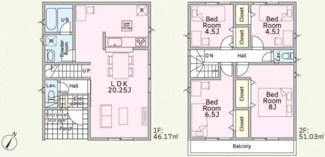 【間取り】 | 平塚市達上ケ丘  1号棟 第4 | 都市ガス　防犯カメラ（利用時Wifi接続必要）　引き違い窓シャッター付　人感センサー付玄関灯　二部屋から行き来できるバルコニー　浴室乾燥機+窓　全居室収納　LDK20.2帖