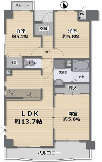【間取り】 | ライオンズマンション八尾　安中小学校区　JR八尾駅