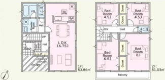 【間取り】 | 平塚市達上ケ丘  2号棟 第4 | 都市ガス　防犯カメラ（利用時Wifi接続必要）　引き違い窓シャッター付　人感センサー付玄関灯　二部屋から行き来できるバルコニー　浴室乾燥機+窓　全居室収納　LDK16.7帖