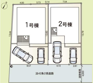 【区画図】 | 平塚市達上ケ丘  2号棟 第4 | 2号棟　南東側約4ｍ私道（持分有・セットバック済）　駐車並列2台（車種によります）　敷地面積31.2坪