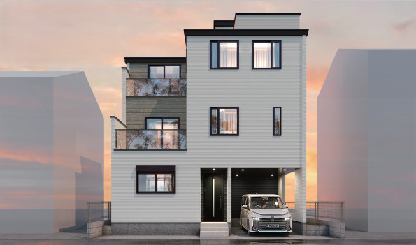 板橋区栄町　屋上×ZEH水準　車庫付ハイグレード住宅の外観パース