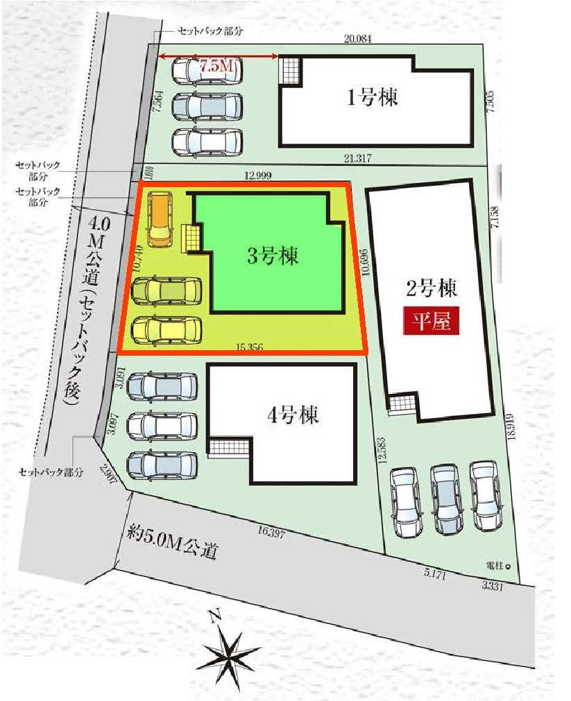 新築　高崎市石原町3期　GRAFARE　3号棟の区画図|3号棟　区画図　北西側接道幅員約4ｍ
