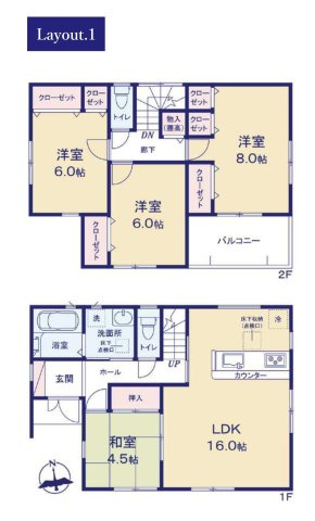 松戸市六高台２丁目新築戸建【六実第三小学校：10分】の間取り|南向き・4LDK