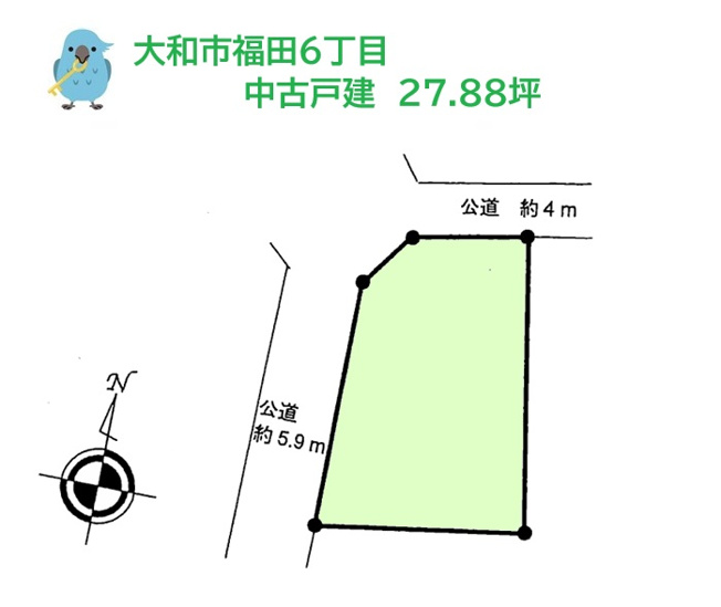 【区画図】 | 北西角地！二方向が路に面しているため開放感があり、通風も良好◎　
駅徒歩14分！買い物施設もほど近く、暮らしやすい住環境です。