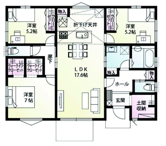 前橋市青柳町　9号棟（平屋）　新築住宅の間取り|収納充実♪南向きの3LDKで陽当たり良好な間取りです！
土地面積207.52㎡、建物面積87.77㎡で十分な広さです！