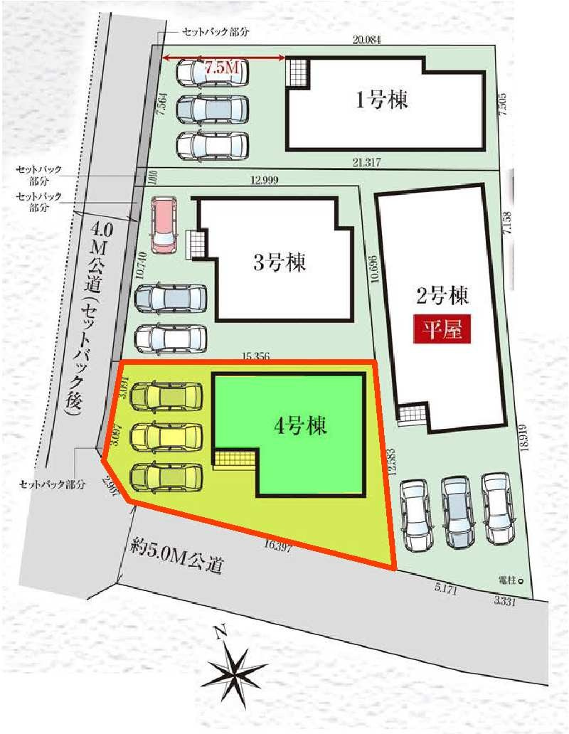 新築　高崎市石原町3期　GRAFARE　4号棟の区画図|4号棟　区画図　北西側接道幅員約4ｍ　南西接道幅員約5ｍ

