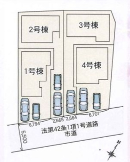 【区画図】 | 伊勢原市石田 2号棟 第1期 | ２号棟　南東側5.5m道路　カースペース２台（車種による）　旗竿地