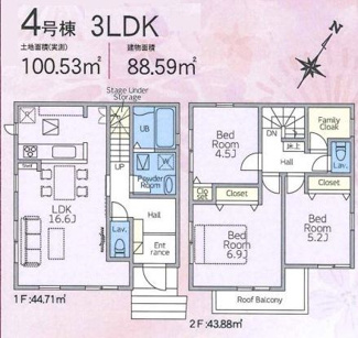 【間取り】 | 伊勢原市石田 4号棟 第1期 | 南東向き　２階建て　3LDK　全居室２面採光　全居室収納付き　ファミリークローク　