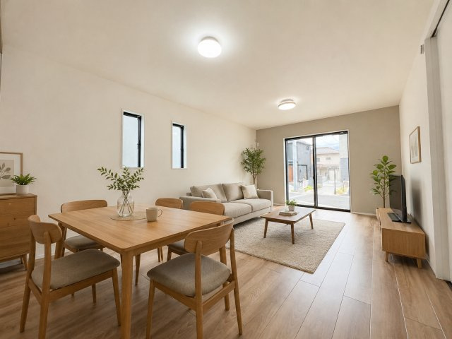 羽村市羽中2丁目　新築戸建全3棟の居間・リビング|LDK広々18.0帖！！※家具はCGイメージです。