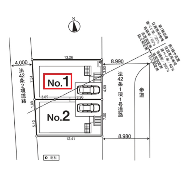 所沢市中新井5丁目・全2棟　新築一戸建　1号棟の区画図|【全2棟・1号棟】
開放感ある東西両面道路、駐車1台可能です。