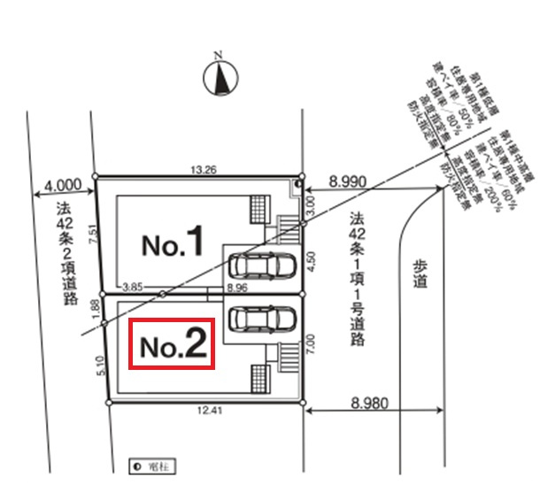 所沢市中新井5丁目・全2棟　新築一戸建　2号棟の区画図|【全2棟・2号棟】
開放感ある東西両面道路、駐車1台可能です。