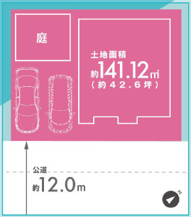 伊奈町西小針1丁目の区画図|南東12m公道に面した開放感あふれる角地のようなゆとり。並列2台分のカースペースに加え、奥にはプライベートな庭を確保しています。約42.6坪の整形地で、大型車もスムーズに出し入れ可能です。