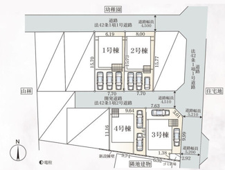 【区画図】 | 平塚市山下1丁目  4号棟 第15 | 4号棟　北側約4.5ｍ開発道路（私道・持分有）　駐車2台（車種によります）　敷地面積34.6坪