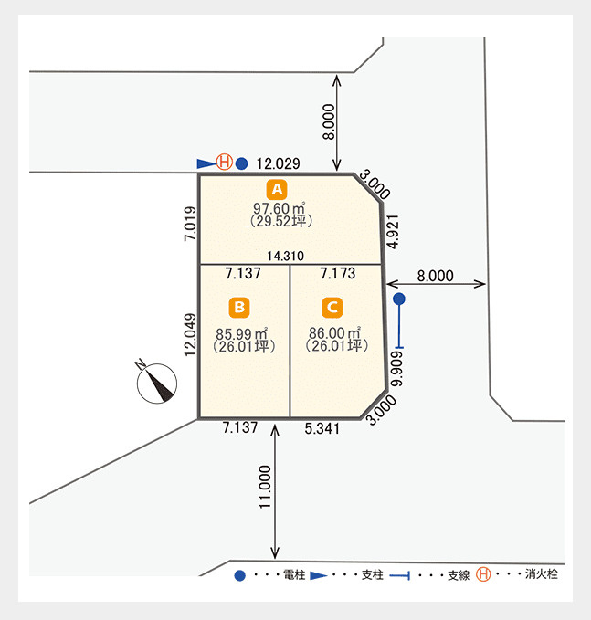 【建築条件付き】本郷通2丁目南　全3区画の土地図|A号地：97.60平米(29.52坪)2,300万円　B号地：85.99平米(26.01坪)2,250万円　C号地：86.00平米(26.01坪)2,450万円