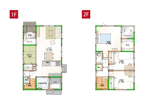 吾川郡いの町枝川13 新築戸建ての間取り|16.6帖＋3帖の畳コーナーの広々リビング☆2Fには8.5帖の寝室などゆとりある間取りです。