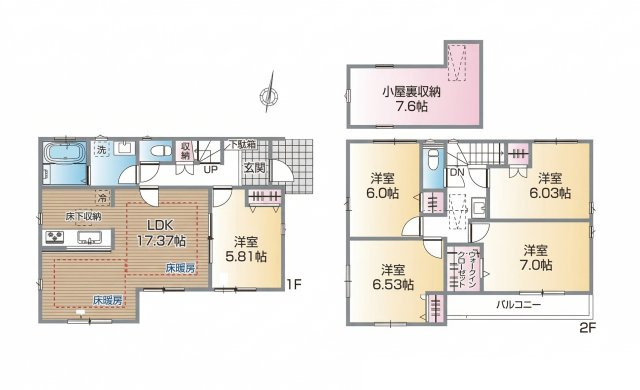 【間取り】 | 練馬区南田中4丁目　新築一戸建住宅　全1棟　(成増店） | リビングには足元から暖かな床暖房がついています
※図面を基に作成しています。現況と異なる場合は現況を優先いたします。