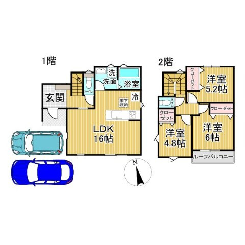 泉佐野市長滝新築戸建の間取り|３号棟　2480万円
土地面積102.34㎡、建物面積78.66㎡