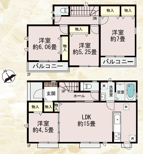 全6区画　2面バルコニー　二見町東二見　B号棟　新築戸建の間取り