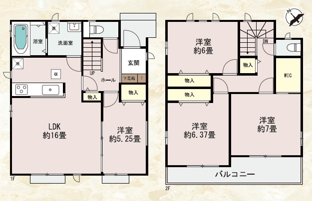 全6区画　WIC付収納豊富　二見町東二見　F号棟　新築戸建の間取り