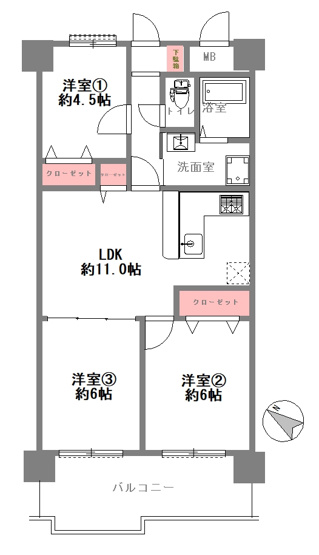 【間取り】 | 朝日プラザ湯里 | 全洋室3LDK♪室内リフォーム済み☆（クロス貼替え、浴室乾燥機新調）レースカーテン付きです☆