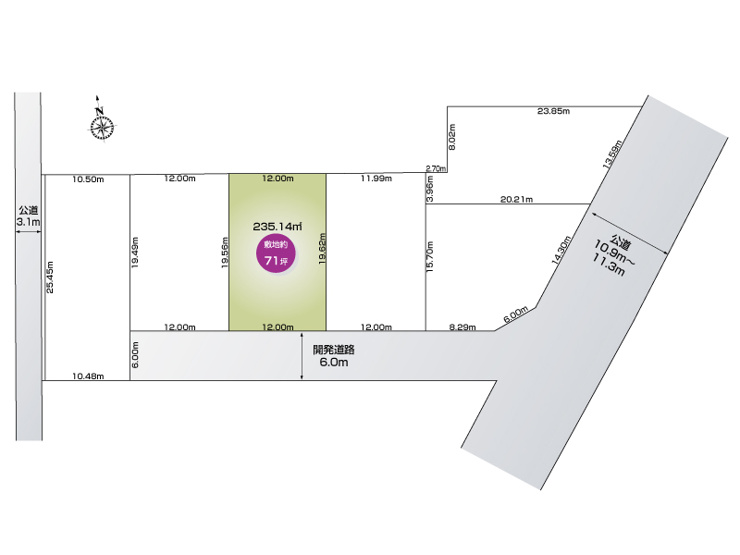 【館林市坂下町1期6区画　3号地　区画図】
敷地面積235.14㎡(71.12坪)
南側開発道路6ｍ幅
東側接道約12ｍ幅