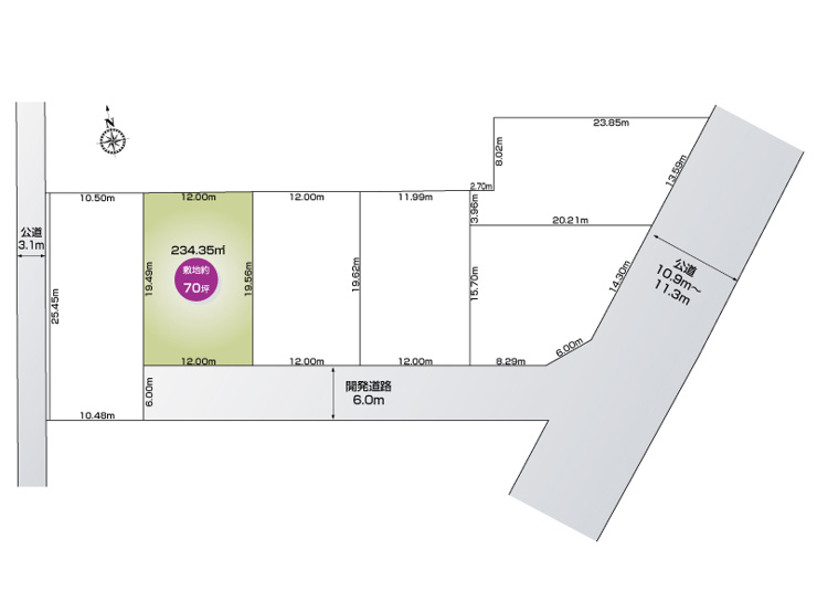【館林市坂下町1期6区画　2号地　区画図】
敷地面積234.35㎡(70.89坪)
南側開発道路6ｍ幅
東側接道約11ｍ幅