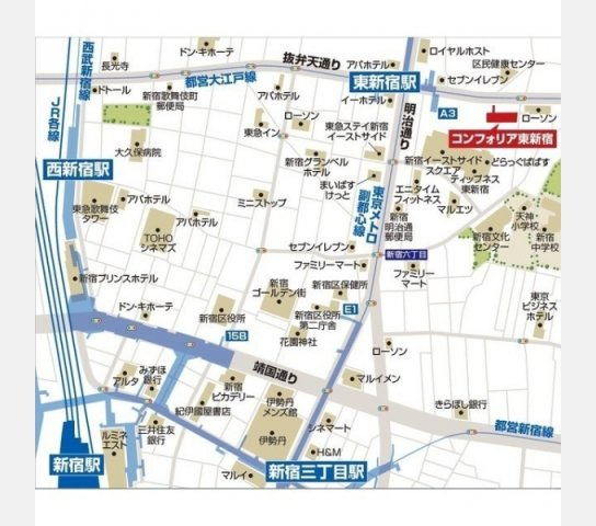 コンフォリア東新宿の地図|東新宿駅まで徒歩2分の立地です。