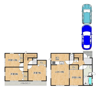 【間取り】 | 旭ヶ丘北町２丁　中古戸建 | 【駐車２台可能】セカンドカーや来客時も安心です！１台分カーポートも付いています！雨の日も愛車が濡れにくく嬉しいですね！