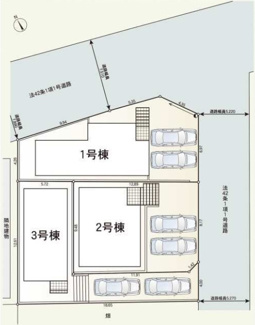 【区画図】 | 秦野市羽根  1号棟 第1 | 1号棟　角地　南東側約5.2ｍ・北東側約7.5ｍ各公道　駐車並列2台（車種によります）　敷地面積38.5坪