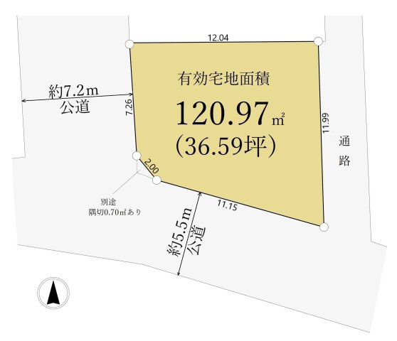 杉並区清水3丁目 限定1区画の区画図|南約5.5ｍ公道×西約7.2m公道に面した南西の角地
日当り通風良好な快適な立地
建築条件ございません