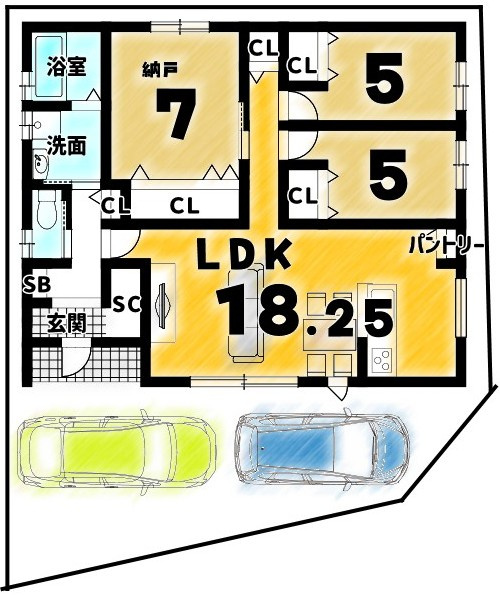 太秦棚森町の区画図|平屋プラン例建物価格２０９８万円、建物面積７７．７６m2