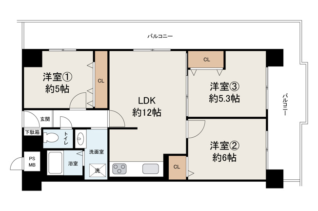 【間取り】 | 朝日プラザ松原II | 角部屋引き廻し２面バルコニー