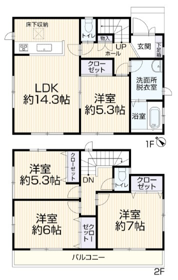 堺市堺区旭ヶ丘北町　中古一戸建ての間取り|９２．７４平米、４ＬＤＫ、全居室洋室、収納豊富な間取りです♪