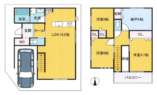 【間取り】 | 平野区長吉長原西3丁目 | 2階建て♪【全洋室4LDK＋車庫】LDK広々19.2帖！リビング吹き抜けあり☆宅配ボックス・床暖房・食洗機・省エネ給湯器「エネファーム」・浴室乾燥機完備☆シューズクローク・パントリーあります♪
