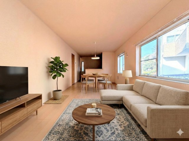 鎌倉市手広2丁目　中古戸建ての居間・リビング|◆家族で食卓を囲むダイニングスペースと、ソファでゆったりくつろぐリビングスペースがしっかり区切られているので家具の配置や用途を使いわけしやすいです。
(家具はイメージです)