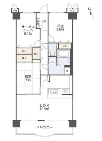 サントノーレ高須の間取り|各居室・サービスルーム（納戸）は６帖以上、ゆとりのある２ＳＬＤＫの間取りです。
