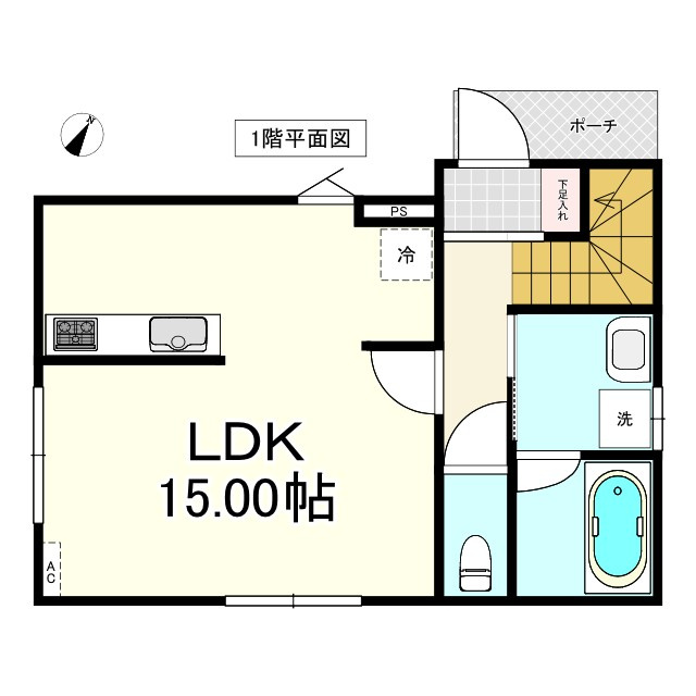 ※商談中※八戸市長苗代内舟渡の間取り|１F：LDK15.00帖、トイレ、浴室、洗面室