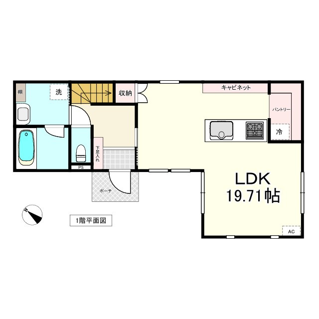 八戸市長苗代内舟渡の間取り|１F：LDK19.71帖、浴室1.25坪、ウォシュレットトイレ（タンクレス）