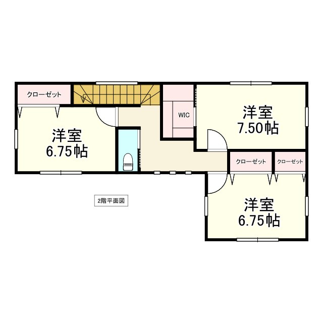 八戸市長苗代内舟渡の間取り|２F：洋室7.50帖、洋室6.75帖、洋室6.75帖、ウォシュレットトイレ
