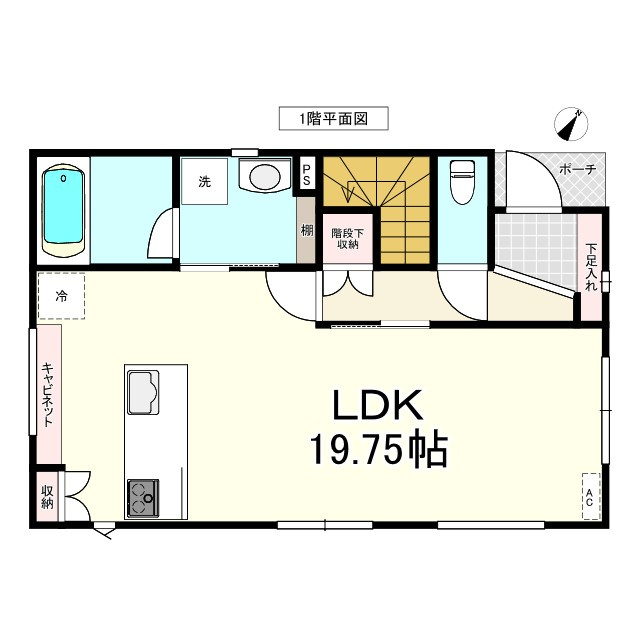 ※商談中※八戸市長苗代内舟渡の間取り|１F：19.75帖、浴室1.25坪、ウォシュレットトイレ（タンクレス）