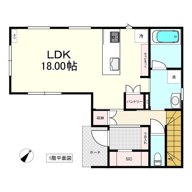 ※商談中※八戸市長苗代内舟渡　E棟の間取り|１F：ＬＤＫ18.00帖、浴室1.25坪ウォシュレットトイレ（タンクレス）、ＳＩＣ
