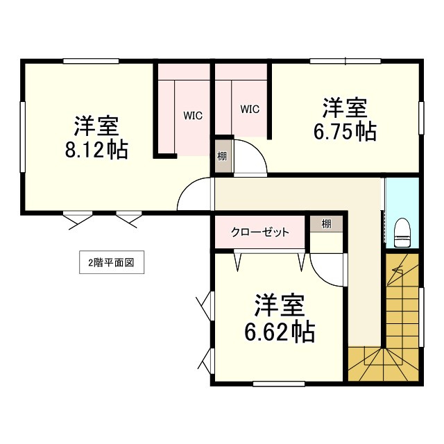 ※商談中※八戸市長苗代内舟渡　E棟の間取り|２F：洋室8.12帖、洋室6.75帖、洋室6.62帖