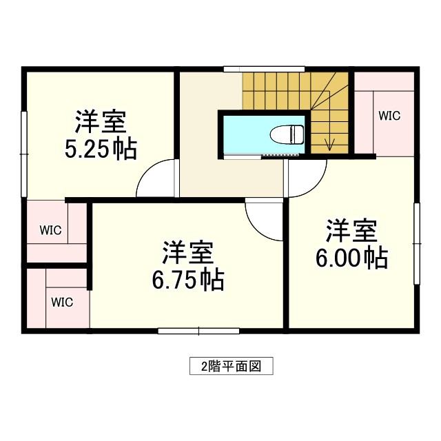 三沢市緑町　A棟の間取り|２F：洋室6.75帖、洋室6.00帖、洋室5.25帖