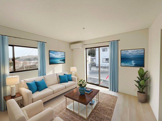 新築戸建・新築建売　白河市栄町　第一小・中央中の居間・リビング|画像はバーチャルホームステージングの加工による演出で、実際の家具は付きません。