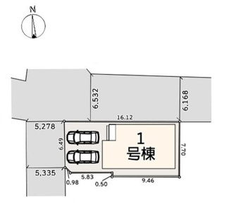 【区画図】 | 座間市栗原中央4丁目  1号棟 | 西側約5.2ｍ～約5.3ｍ公道・北側約6.5ｍ（水路・開渠）部分含む公道　駐車並列2台（車種によります）　敷地面積36.3坪
